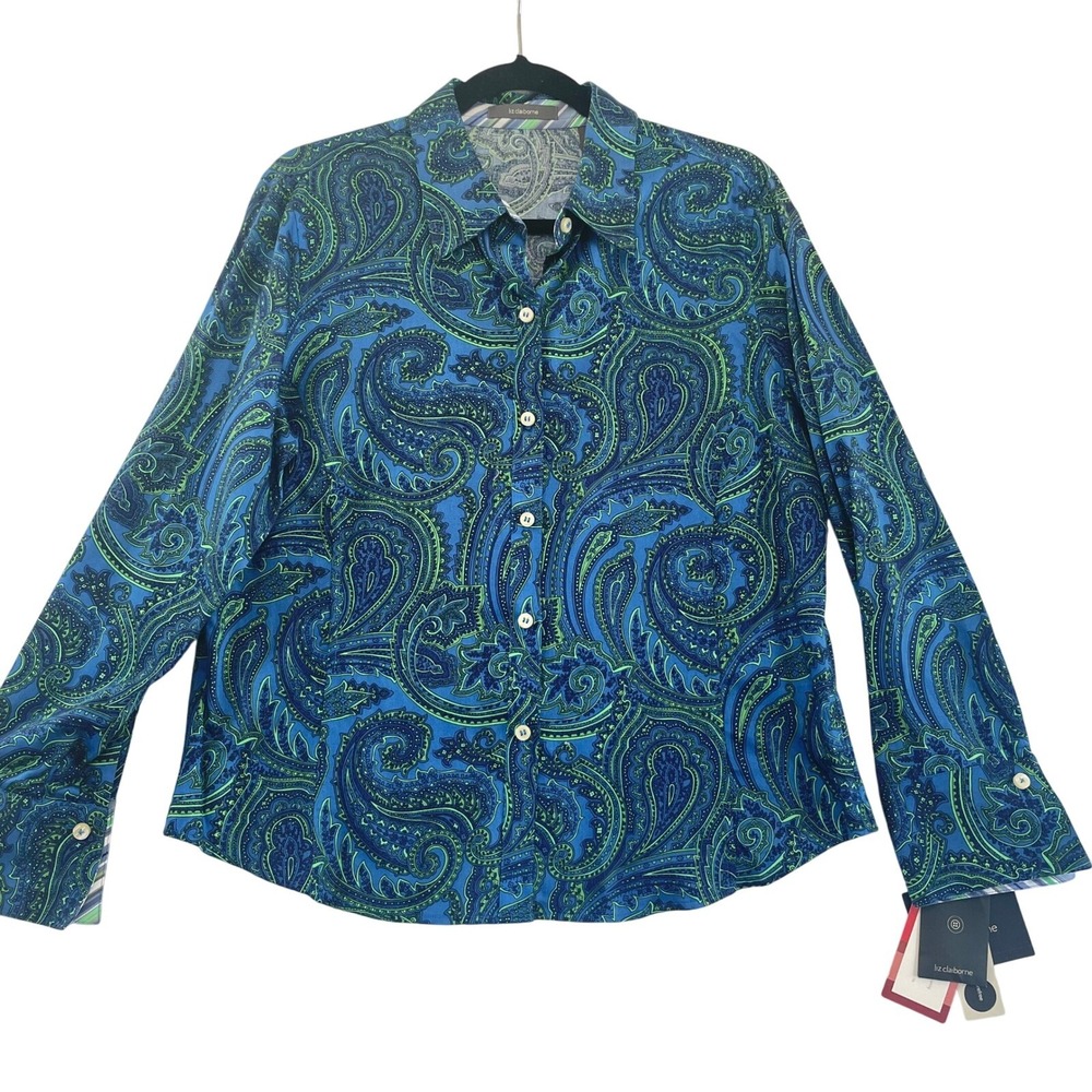 Liz Claiborne Paisley Button Down Women Top Blouse Petite 16 Long Sleeve Blue‎